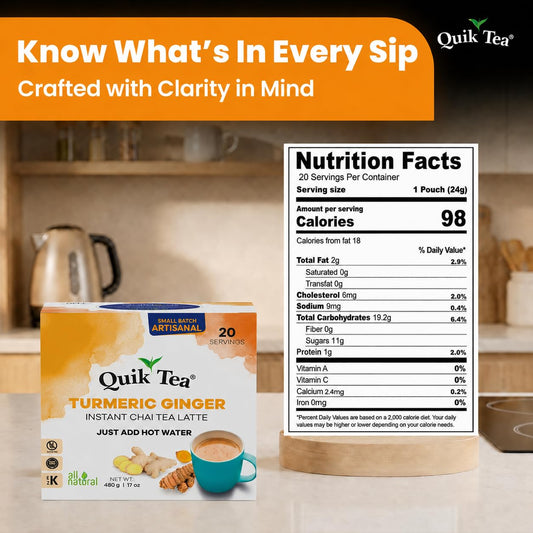 QuikTea Instant Chai Tea Latte Mix, Turmeric Ginger, 20 Sachets