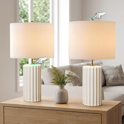 21" Modern Ceramic Table Lamp Set of 2 for Bedroom, Touch Control White Desk Lamps for Living Room, Farmhouse Bedside Lamps for Nightstand, End Table Lamps for Dorm Beige, Bulbs Not Included