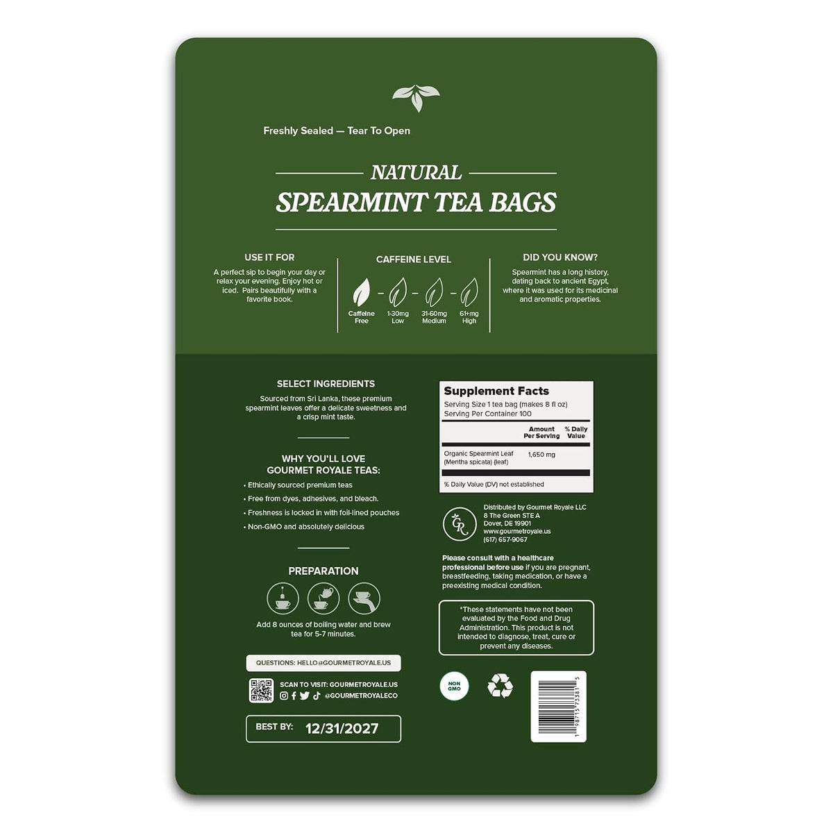 Gourmet Royale Spearmint Tea, 100 Count, Sustainable Tea Bags, Caffeine & Sugar Free, Resealable Pouch, Refreshing & Natural, Grown in Sri Lanka, (Pack of 1)
