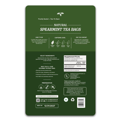 Gourmet Royale Spearmint Tea, 100 Count, Sustainable Tea Bags, Caffeine & Sugar Free, Resealable Pouch, Refreshing & Natural, Grown in Sri Lanka, (Pack of 1)