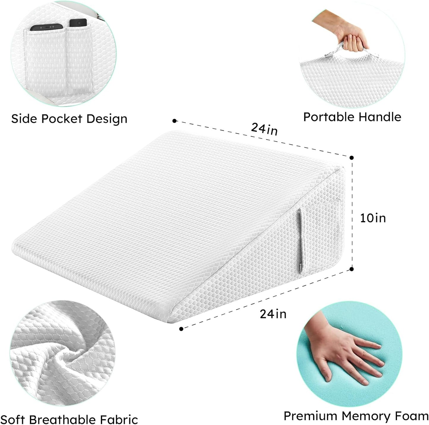 Bedluxe Wedge Pillow, 10 inch Bed Wedge Pillow for Headboard, Pillow Wedge for Acid Reflux Relief, Sleeping, Back Pain Relief, Snoring, Triangle Pillow Wedge, White/Grey