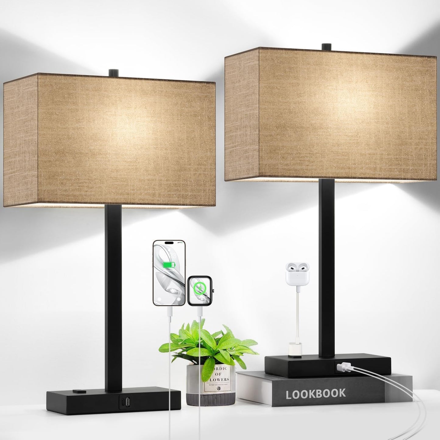 21" Touch Bedside lamps with 2 USB & AC Outlets, 3-Way Dimmable Bedside Table Lamps Set of 2 for Bedroom Living Room Office Reading, Gray Shade Lamps for Night Stands, 5000K LED Bulbs Included