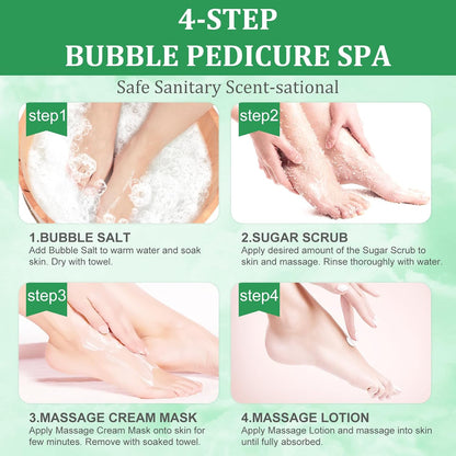 Pedicure Kit Foot Soak Set: Bubble Salt, Sugar Scrub, Massage Mask, Massage Lotion in a Box, 4 Step Foot Spa Kit for Dry Feet, Softens Calluses, Tired Feet（ Lavender) - Colors B