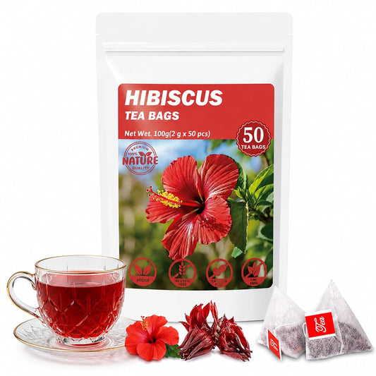 50 Bags Premium Natural Hibiscus Tea, 100% Pure Hibiscus Flowers Herbal Tea, Caffeine-Free, Rich in Natural Goodness and Flavor, No Sugar, Gluten-Free