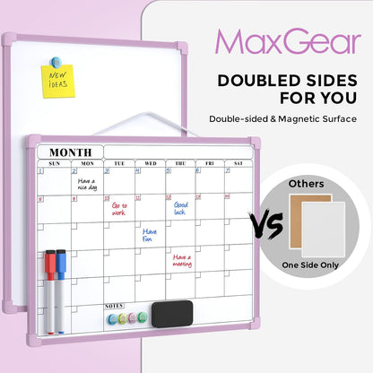 MaxGear Monthly Calendar Dry Erase Board for Wall, 16"x12", White Frame | Double-Sided, Hanging Small White Board, Portable Whiteboard for Planning, Drawing, Memo, to Do List, Home, Kitchen, Office