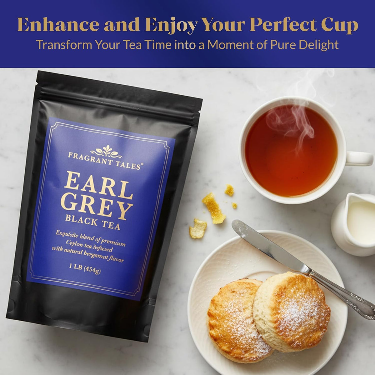 Fragrant Tales Earl Grey | 1LB (454g) | Loose Leaf Black Tea | Premium Ceylon Tea with Natural Bergamot Aroma & Blue Cornflower Petals | Strong, Smooth Flavor | Bulk Resealable Bag