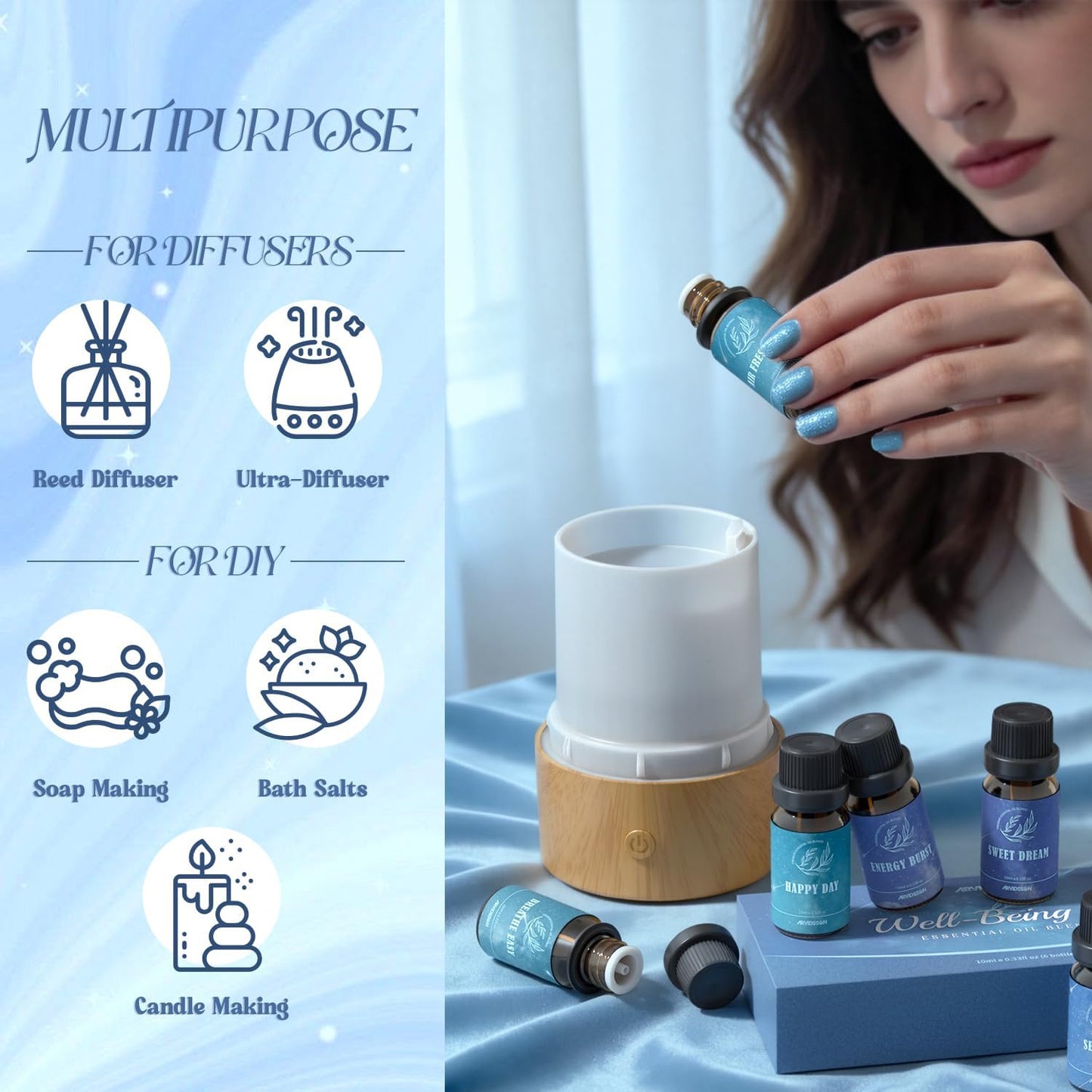 ARVIDSSON Floral Essential Oils Set, Natural Flower Essential Oil Gift for Women - Rose, Gardenia, Cherry Blossom, Honeysuckle, Lilac, Blue Lotus, Scented Oil for Diffuser, Valentines Day Gift for Her