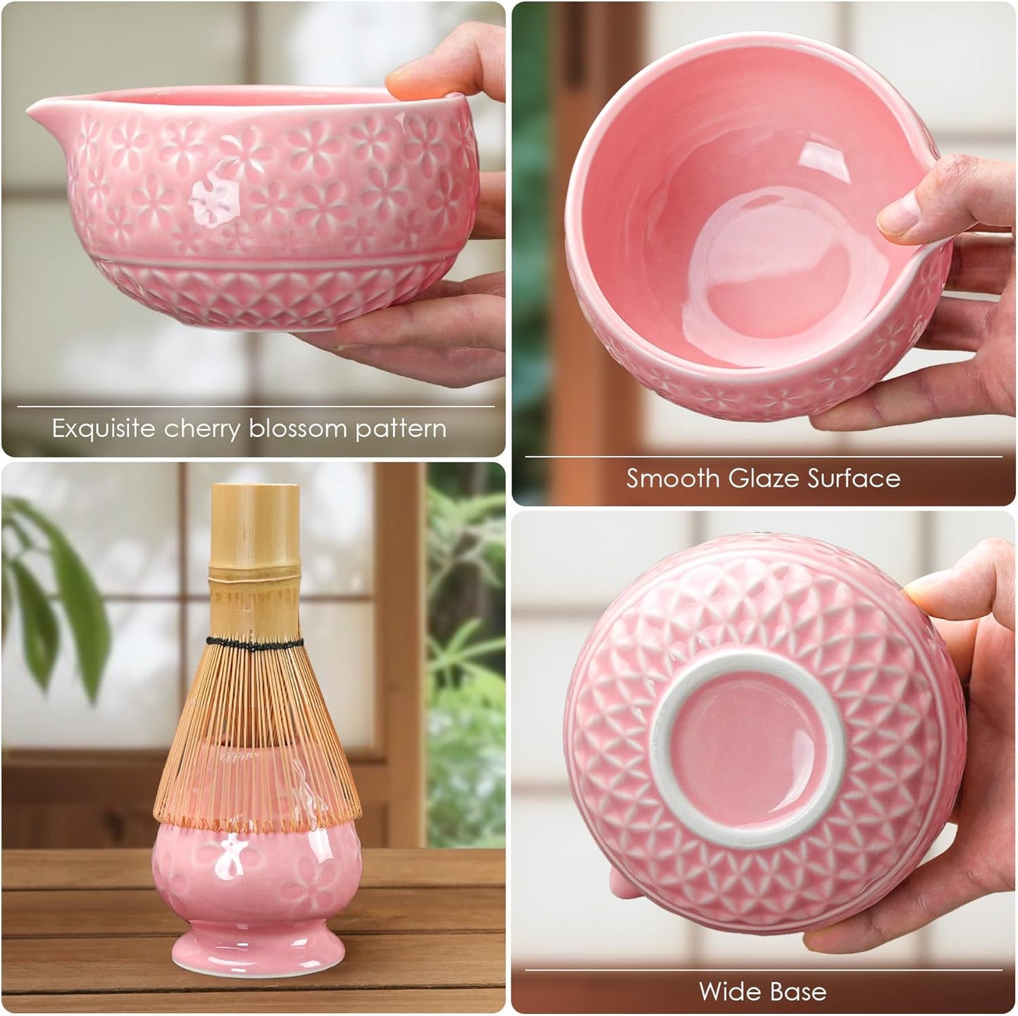 7Pcs Matcha Whisk Set, Matcha Set Whisk and Bowl,Bamboo Scoop, Scoop Rest, Sifter and Tea Towel, Matcha Kit W/Carved Cherry Blossm Pattern for Matcha Lovers (Sakura Pink)
