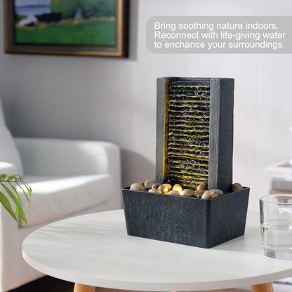 Haobos Modern Tabletop Water Fountain, Minimalist Indoor Waterfall with Warm LED Light & River Rocks, Soothing Zen Desk Fountain for Office, Bedroom, Spa, Relaxation Desk Decor Gift
