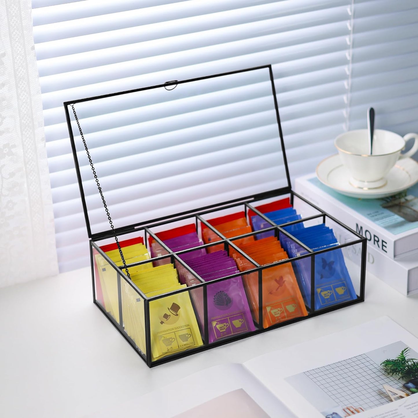 REDHUGO Glass Tea Bag Organizer, 8-Compartment Tea Storage Box, Gold