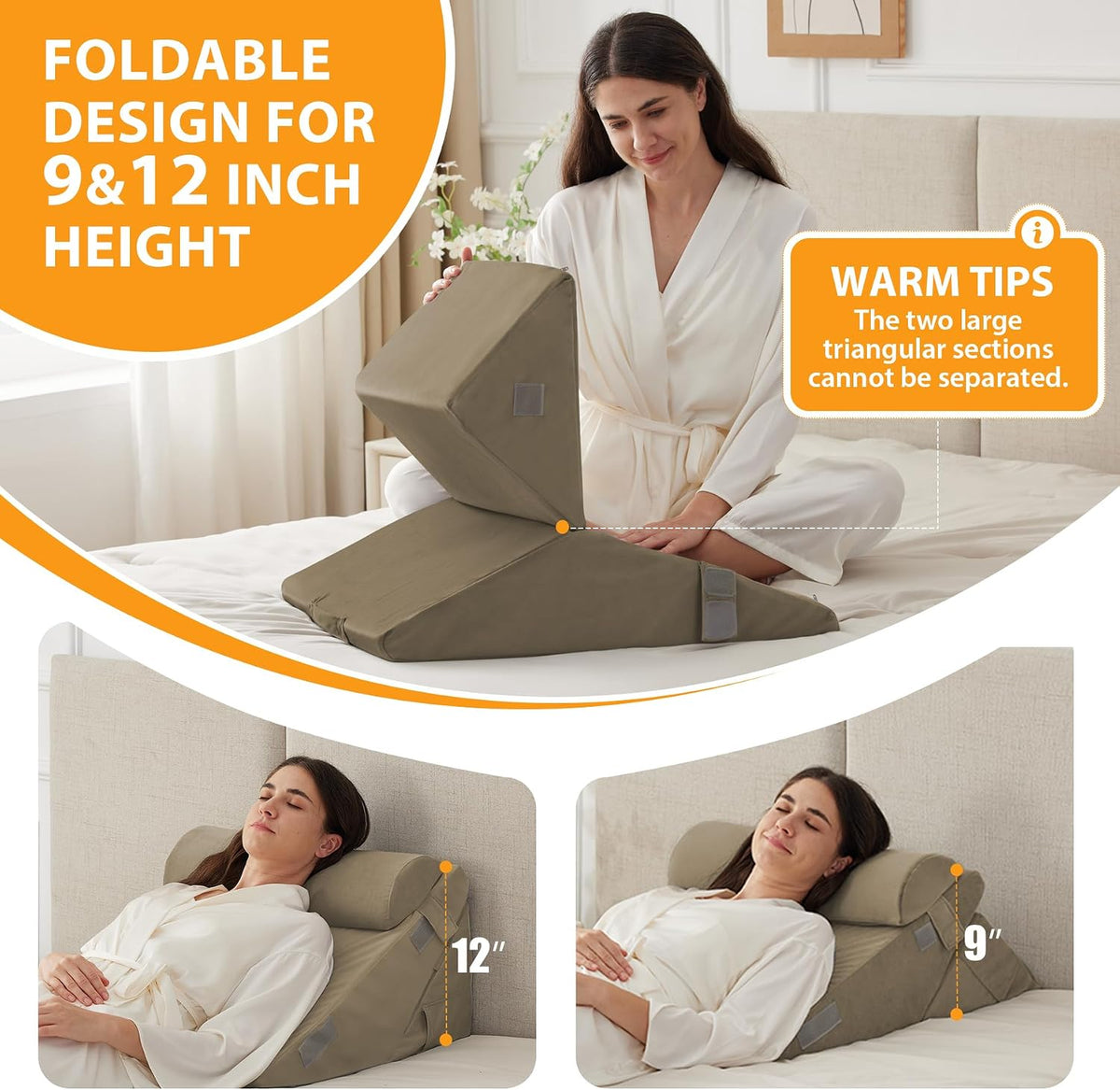 Ruqmuis Wedge Pillow Set for After Surgery, 3PCS Adjustable 9&12 Inch Bed Wedge Pillow for Sleeping, Incline Pillow Wedge for Headboard, Post Surgery, Acid Reflux, Neck&Back Support, White/Grey