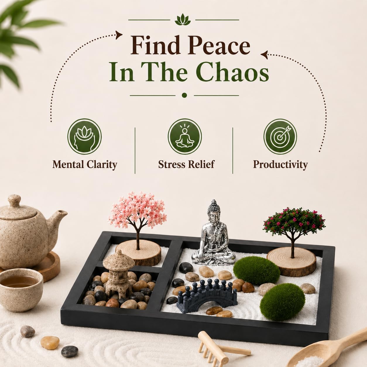 Zen Garden for Desk - Tabletop Sand Garden Kit - Mini Sand Tray Decor - Black Display Tray with Buddha Ornament, Pebbles and Moss Accents - Suitable for Office Desk Decoration and Home Decor