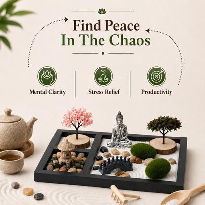 Zen Garden for Desk - Tabletop Sand Garden Kit - Mini Sand Tray Decor - Black Display Tray with Buddha Ornament, Pebbles and Moss Accents - Suitable for Office Desk Decoration and Home Decor