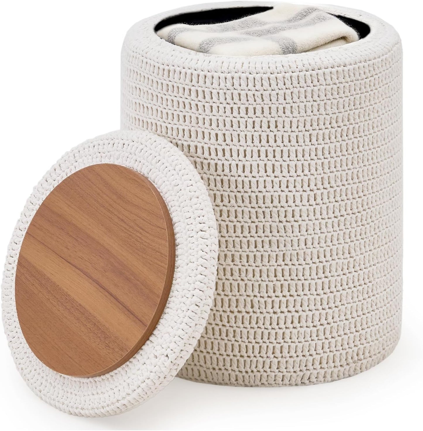Wimarsbon Pouf Ottoman, 100% Cotton Knitted Boho Footstool, Round Footrest with Non-Skid Wood Legs, Home Décor Handmade Pouffe, Leisure Floor Step Stool for Living Room (Beige)