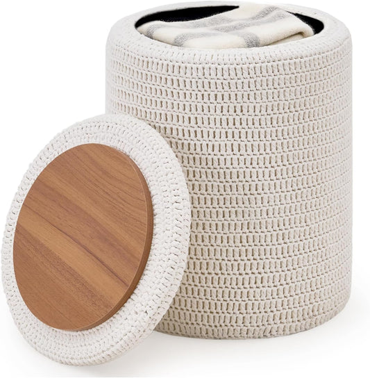 Wimarsbon Pouf Ottoman, 100% Cotton Knitted Boho Footstool, Round Footrest with Non-Skid Wood Legs, Home Décor Handmade Pouffe, Leisure Floor Step Stool for Living Room (Beige)