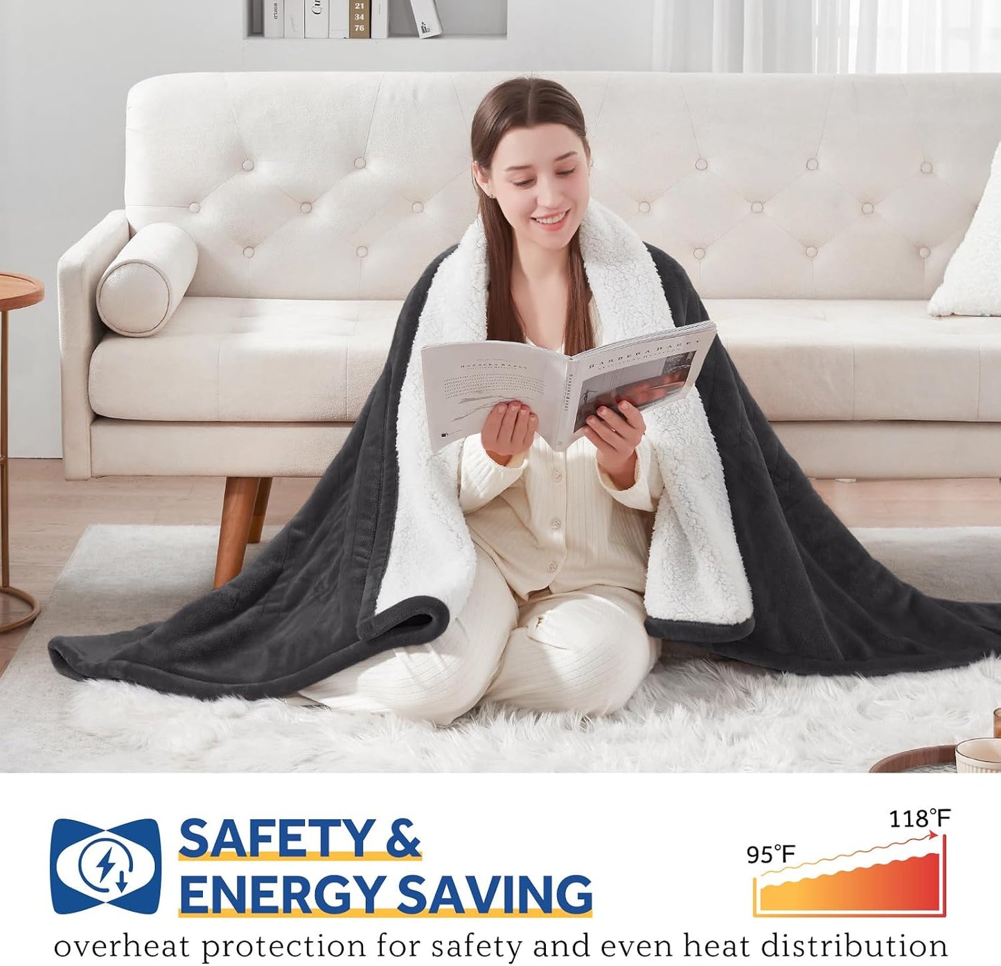 Sealy Electric Throw Blanket, Flannel & Sherpa Heated Throw with 6 Heating Levels & 2-10 Hours Auto Shut Off, Fast Heating & Machine Washable, 50x60 Inch, Light Grey