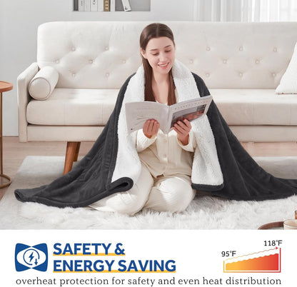 Sealy Electric Throw Blanket, Flannel & Sherpa Heated Throw with 6 Heating Levels & 2-10 Hours Auto Shut Off, Fast Heating & Machine Washable, 50x60 Inch, Light Grey