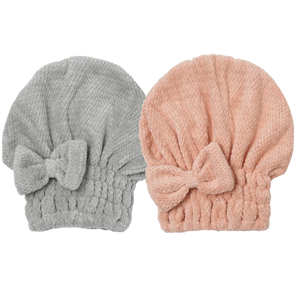 M-bestl 2 Pack Microfiber Hair Towel Wrap,Hair Drying Towel with Button,Quick Dry Hair Towel Turban for Women,Absorbent Anti-frizz Head Towel for Long Thick Curly Hair(Pink&Beige)