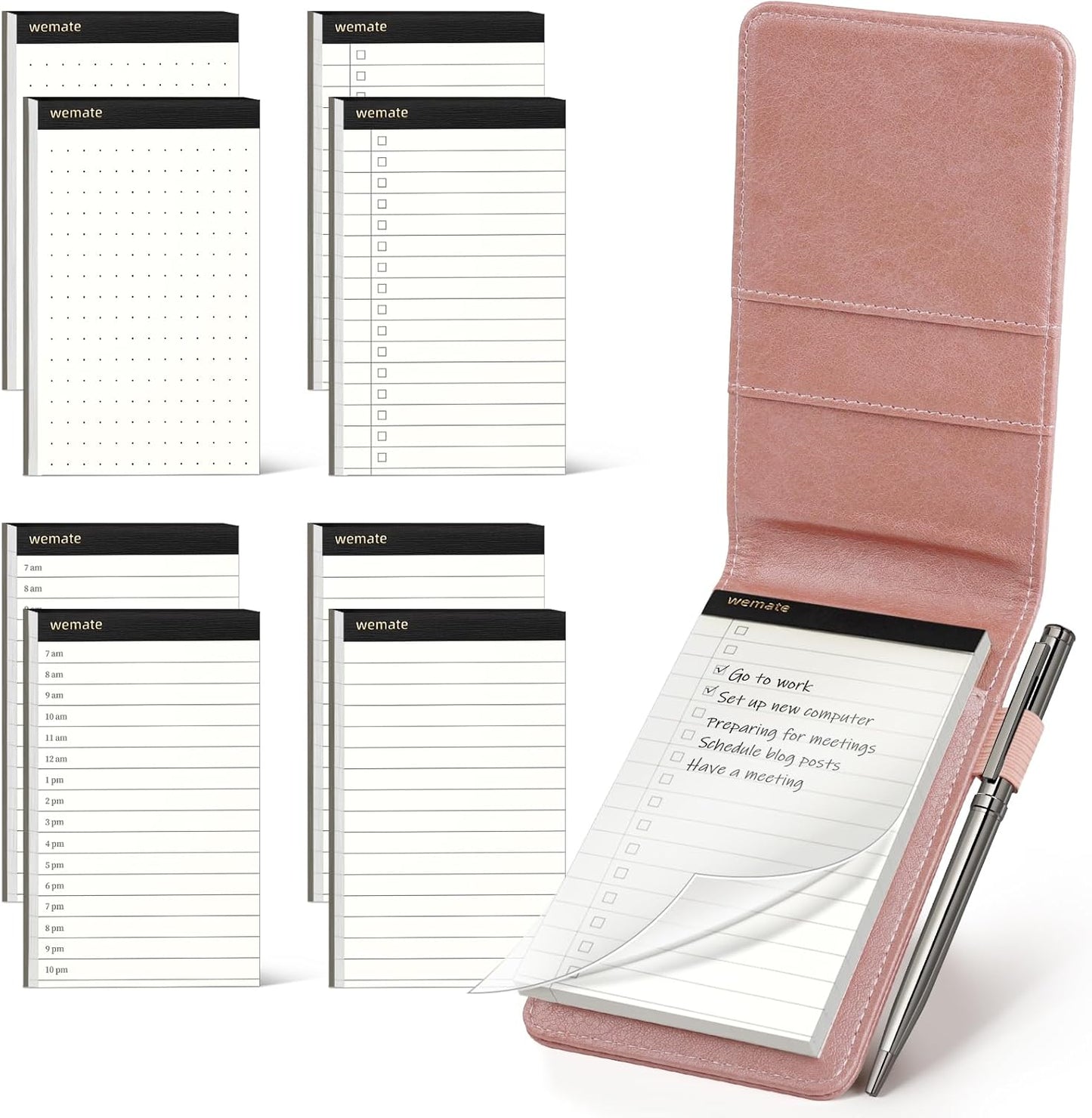 WEMATE 10 Pieces Small Notepad Holder Set Pocket Notebook - Included Mini Pocket Notepad Holder Set with 8 Memo Book Refills and Metal Pen for Meetings, Daily Records, and Notes 3 x 5 Inch (Black)