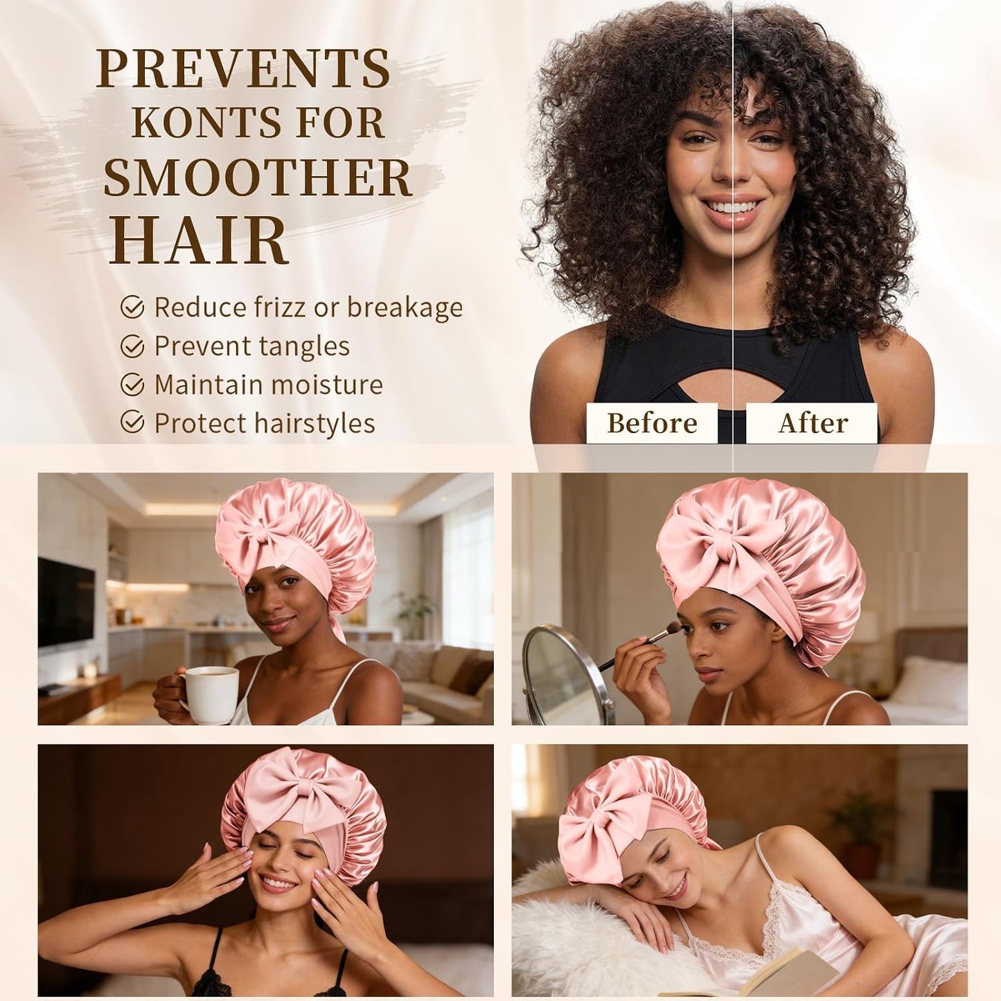 Silk Bonnet Satin Bonnet for Sleeping Large Bonnets with Tie Band Hair Wrap with Adjustable Straps Hair Cap for Women Curly Black