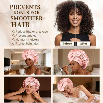 Silk Bonnet Satin Bonnet for Sleeping Large Bonnets with Tie Band Hair Wrap with Adjustable Straps Hair Cap for Women Curly Black
