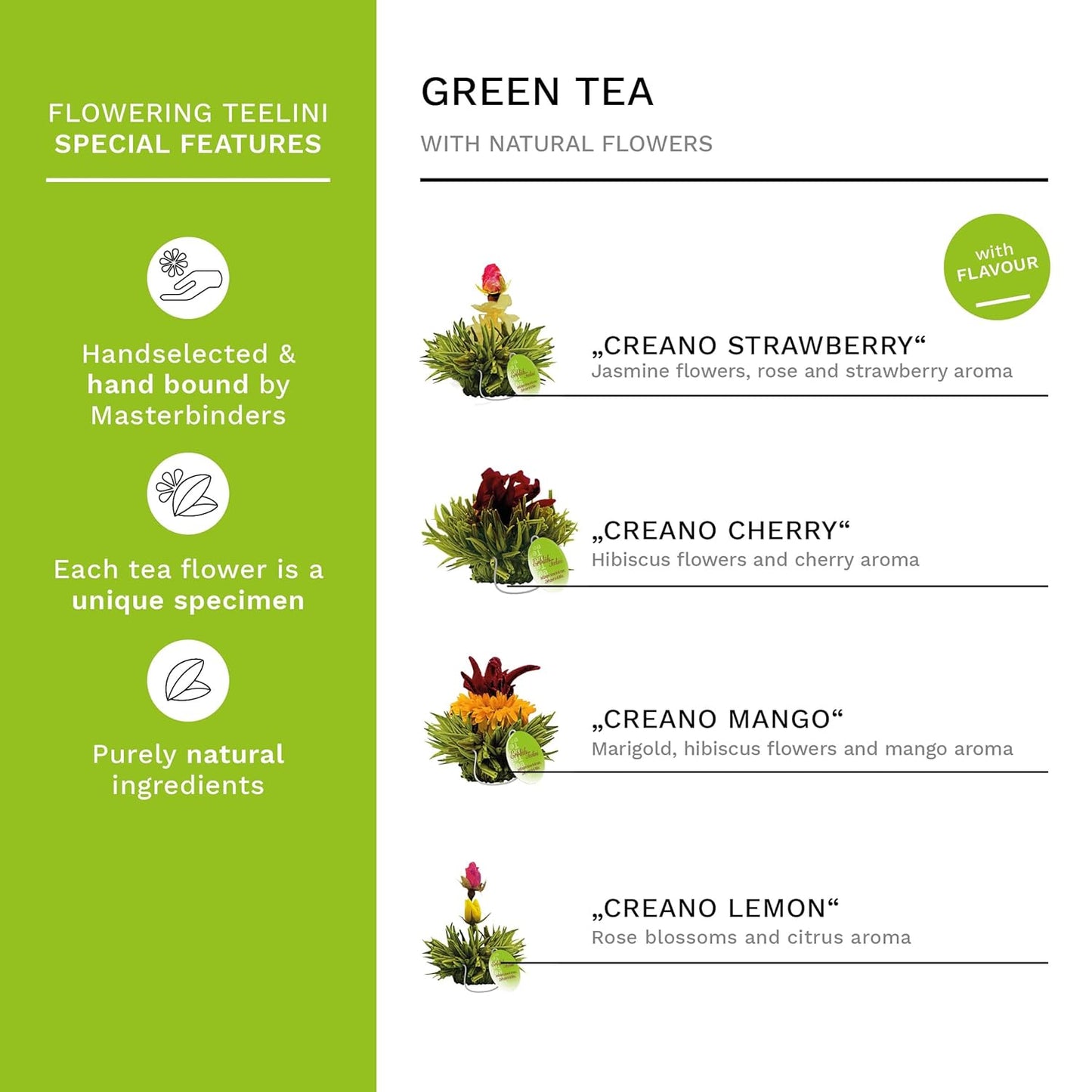 Creano Blooming Tea Gift Set with Glass Teapot 17oz (500ml) - Green Tea Fruity Flavoured Tea Flowers in 6 Varieties - Flowering Tea Gift for Easter