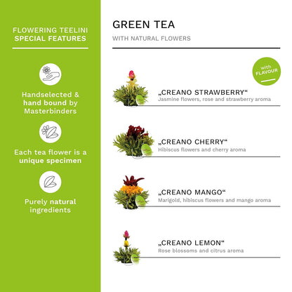 Creano Blooming Tea Gift Set with Glass Teapot 17oz (500ml) - Green Tea Fruity Flavoured Tea Flowers in 6 Varieties - Flowering Tea Gift for Easter