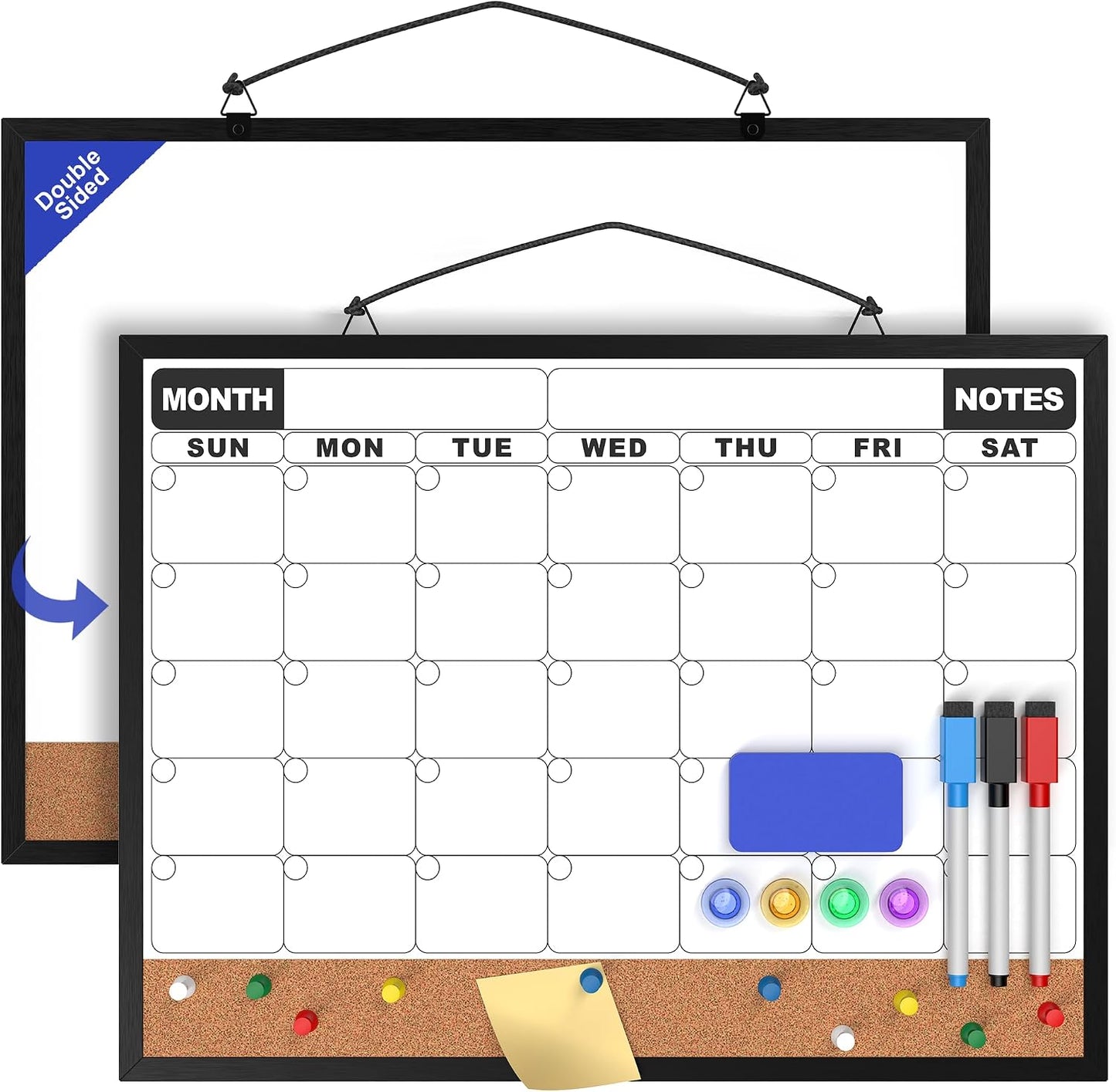 Monthly Calendar Dry Erase Board 16x12 Inch, Double-Sided Whiteboard and Corkboard Combo, Wall Mounted Planner Organizer with Markers, Magnets, Push Pins, Eraser, for Home Office School