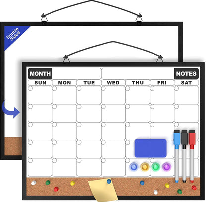 Monthly Calendar Dry Erase Board 16x12 Inch, Double-Sided Whiteboard and Corkboard Combo, Wall Mounted Planner Organizer with Markers, Magnets, Push Pins, Eraser, for Home Office School