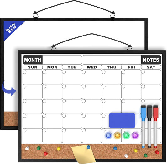 Monthly Calendar Dry Erase Board 16x12 Inch, Double-Sided Whiteboard and Corkboard Combo, Wall Mounted Planner Organizer with Markers, Magnets, Push Pins, Eraser, for Home Office School