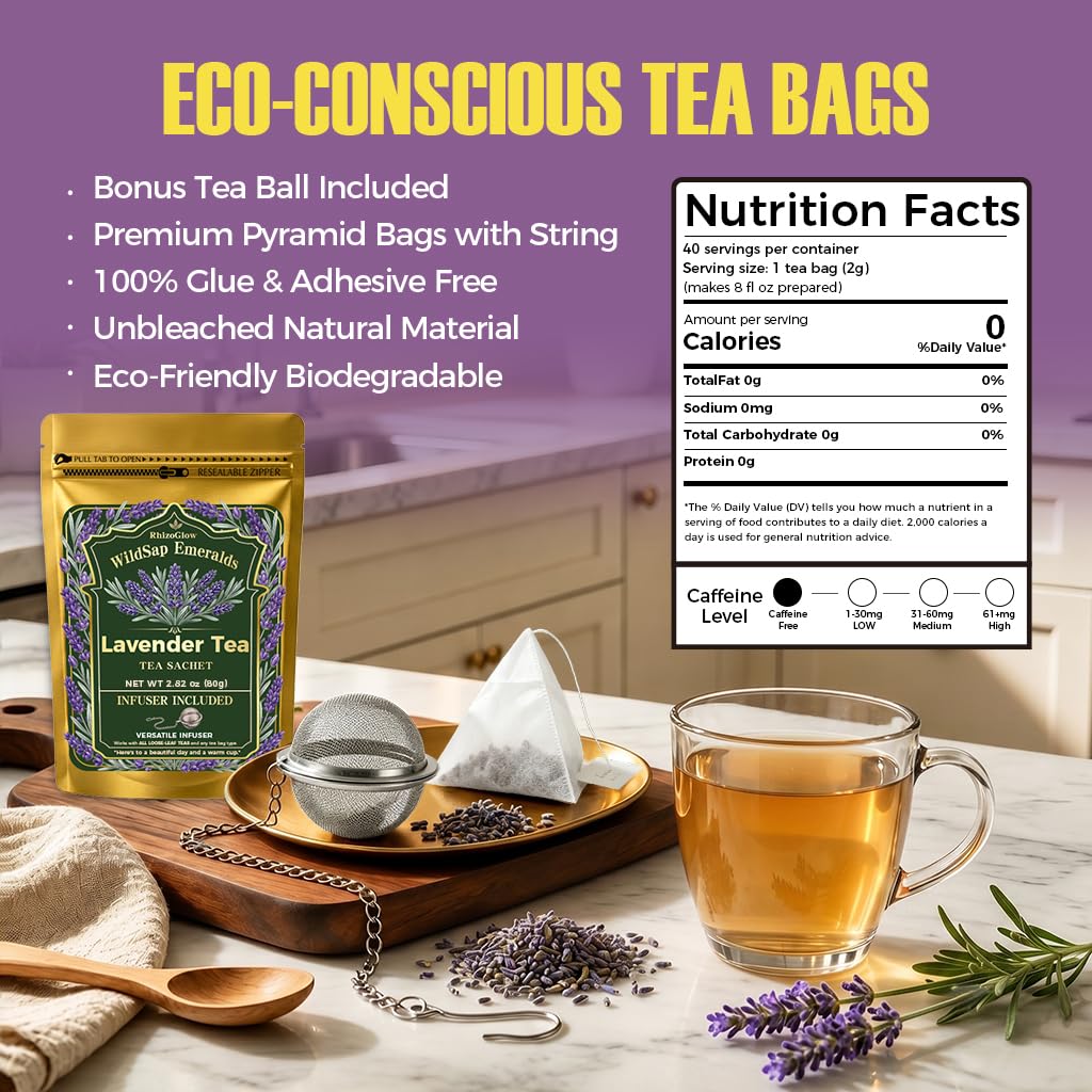 Lavender Tea Bags, 40 Count, 2.82 oz (80g), Corn Fiber Pyramid Sachets