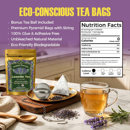 Lavender Tea Bags, 40 Count, 2.82 oz (80g), Corn Fiber Pyramid Sachets