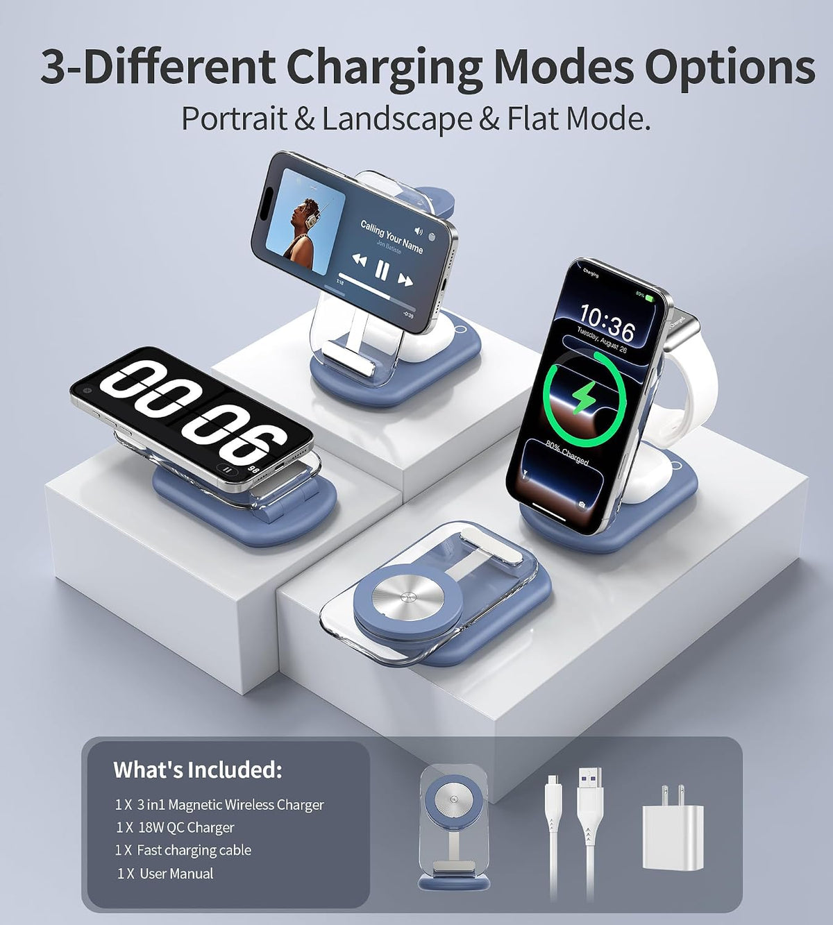 Mukiya 3 in 1 Magnetic Wireless Charging Station for Apple Devices
