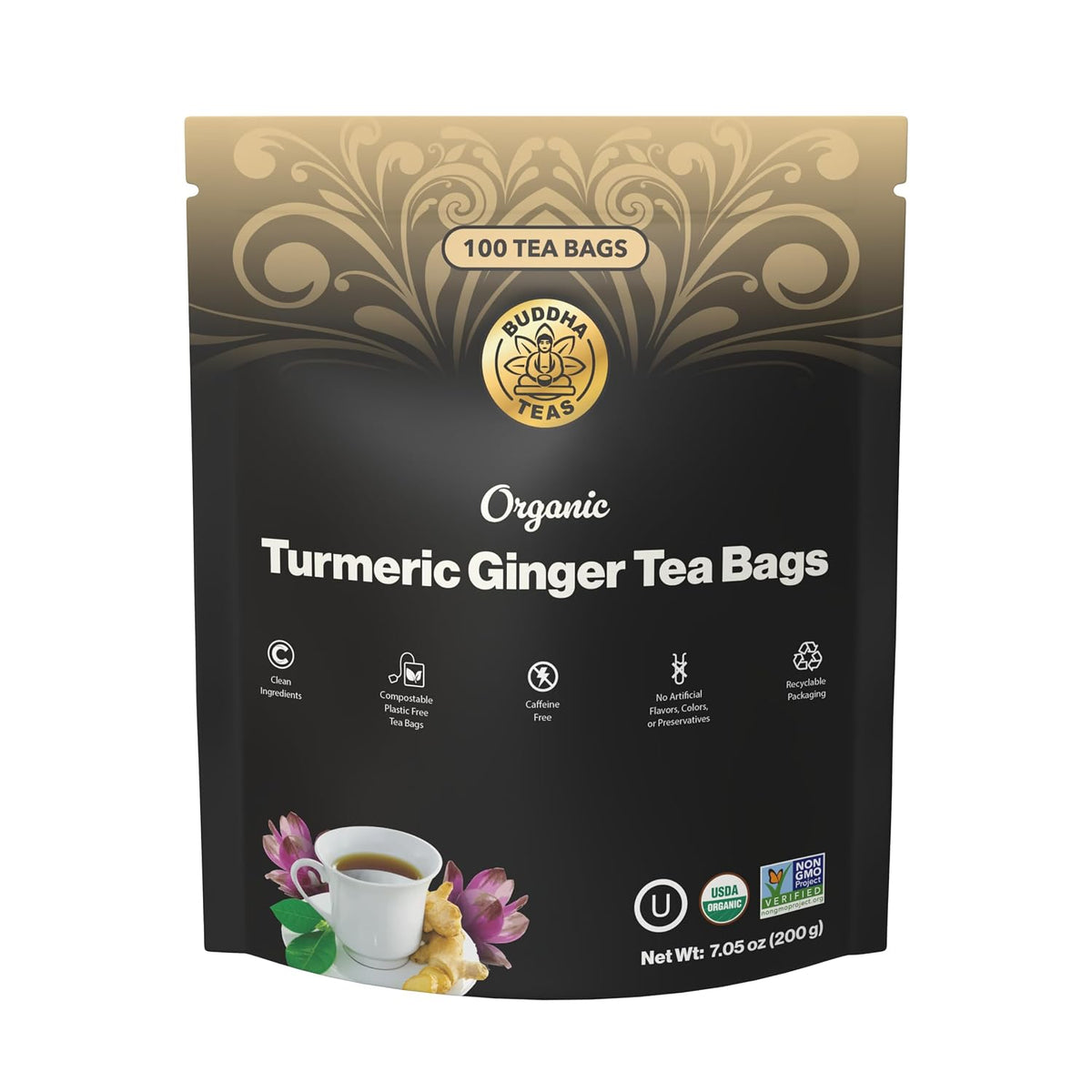 Buddha Teas Organic Turmeric Ginger Tea - Herbal Tea, Caffeine Free