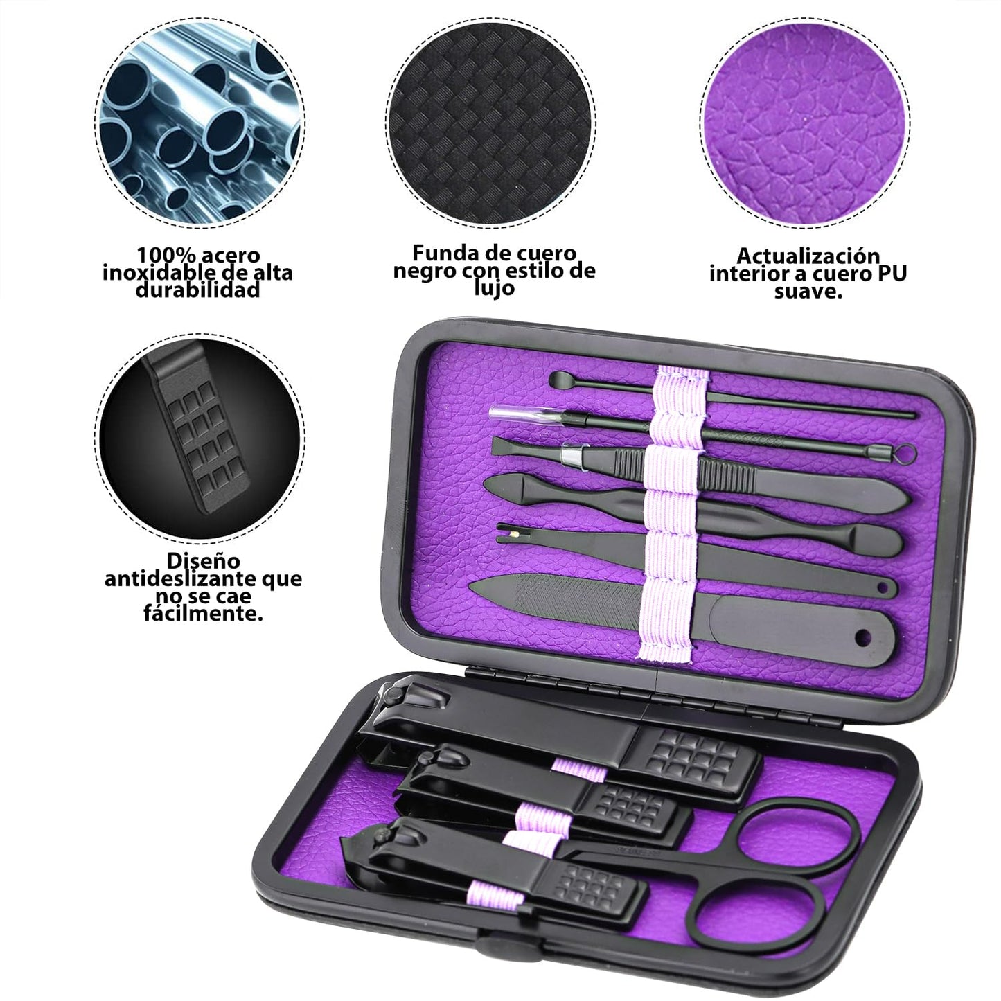 Glamne Manicure Set Nail Clippers Kit Professional Stainless Steel Nail Care Tools with Leather Travel Case 10 in 1 Black