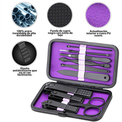 Glamne Manicure Set Nail Clippers Kit Professional Stainless Steel Nail Care Tools with Leather Travel Case 10 in 1 Black
