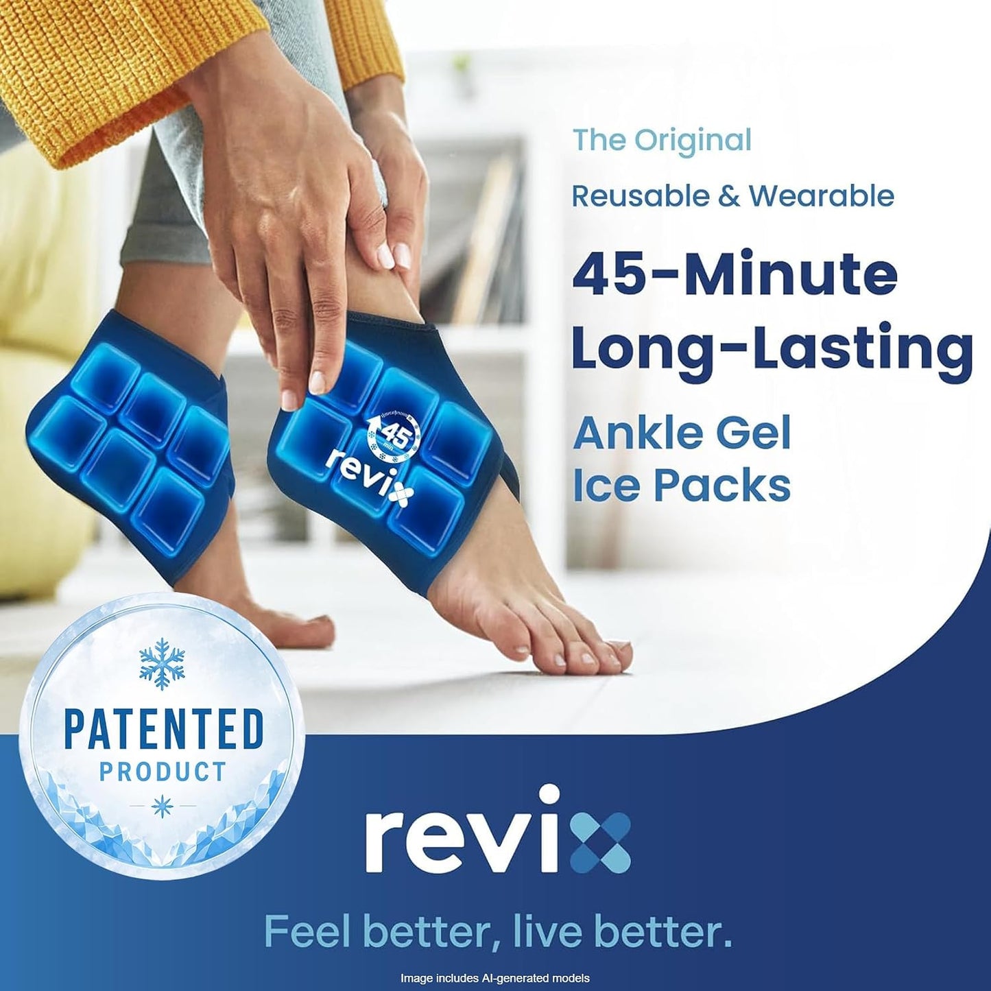 REVIX Ankle Ice Pack Wrap for Plantar Fasciitis with 45-Min Long Lasting Cold, Reusable Foot Ice Pack with Ice Grid Design, Cold Compress Therapy for Achilles Tendonitis, Swelling & Sprained Ankle