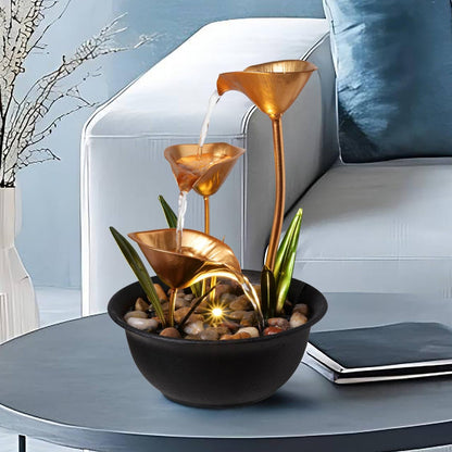 Tabletop Water Fountain Indoor, 10.6" Tiered Bowl Desktop Fountain with LED Light, Modern Zen Metal Waterfall Fountain for Office Desk, Home Office, Bedroom & Living Room Decor, Gold