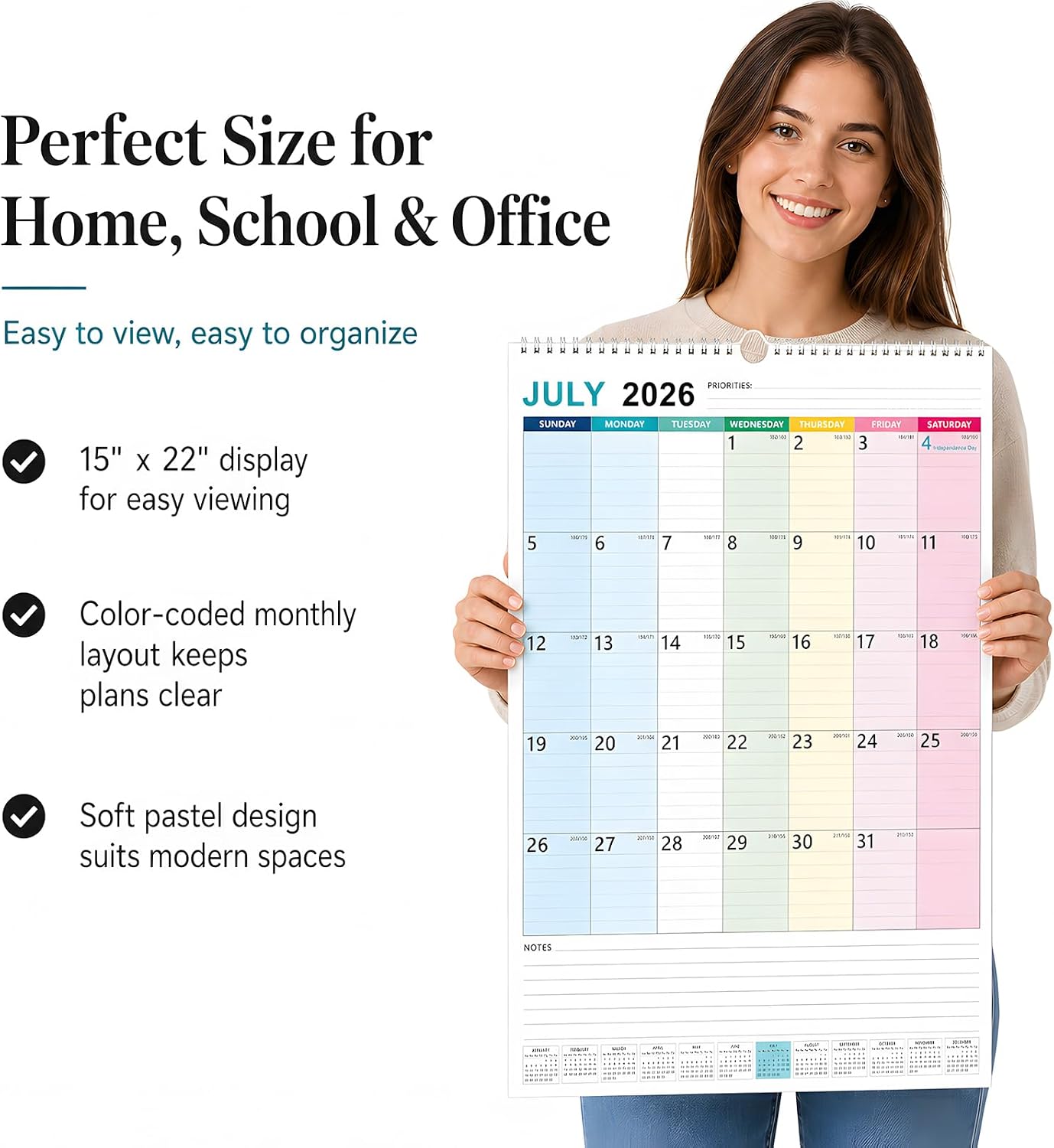 Large Wall Calendar 2026-2027, 18-Month Wall Calendar from July 2026 to December 2027, 15" x 22" 2026 Wall Calendar with Spacious Blocks, Julian Dates, Habit Tracker & Full-Year Reference for Home Office School Colorful