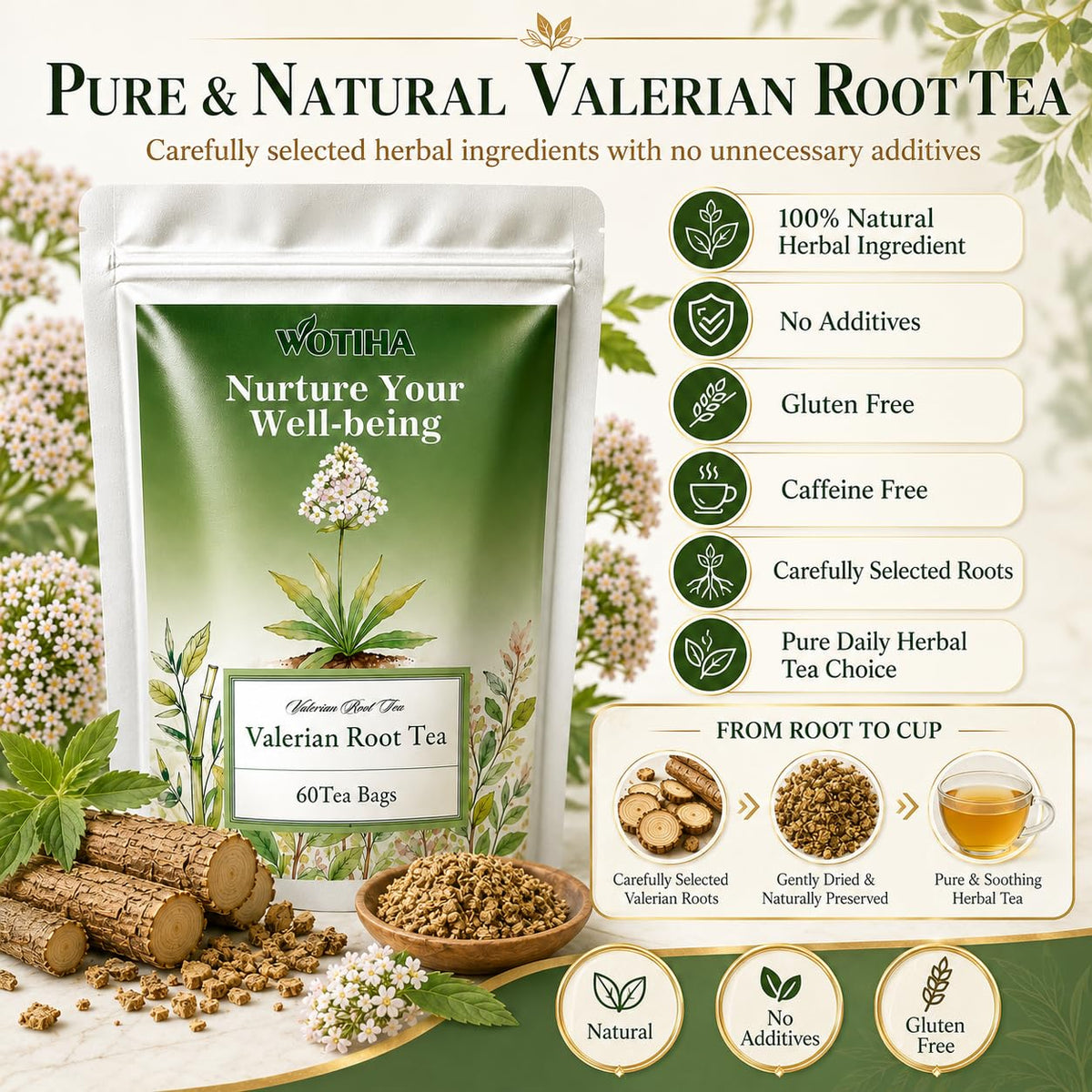 WOTIHA 60 Count Valerian Root Tea Bags - Pure Valeriana Herb for Bedtime Calm - Plant-Based Corn Fiber Pyramid Bags with String - Natural Earthy Flavor, Caffeine Free Herbal Tea