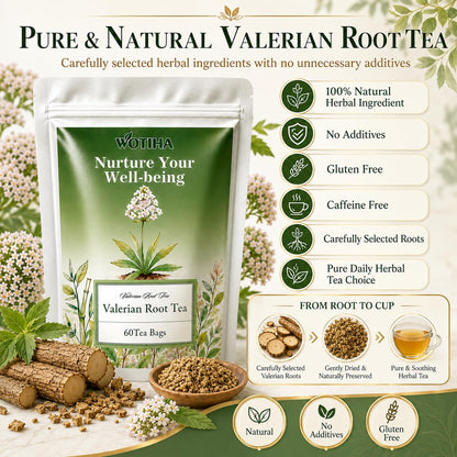 WOTIHA 60 Count Valerian Root Tea Bags - Pure Valeriana Herb for Bedtime Calm - Plant-Based Corn Fiber Pyramid Bags with String - Natural Earthy Flavor, Caffeine Free Herbal Tea