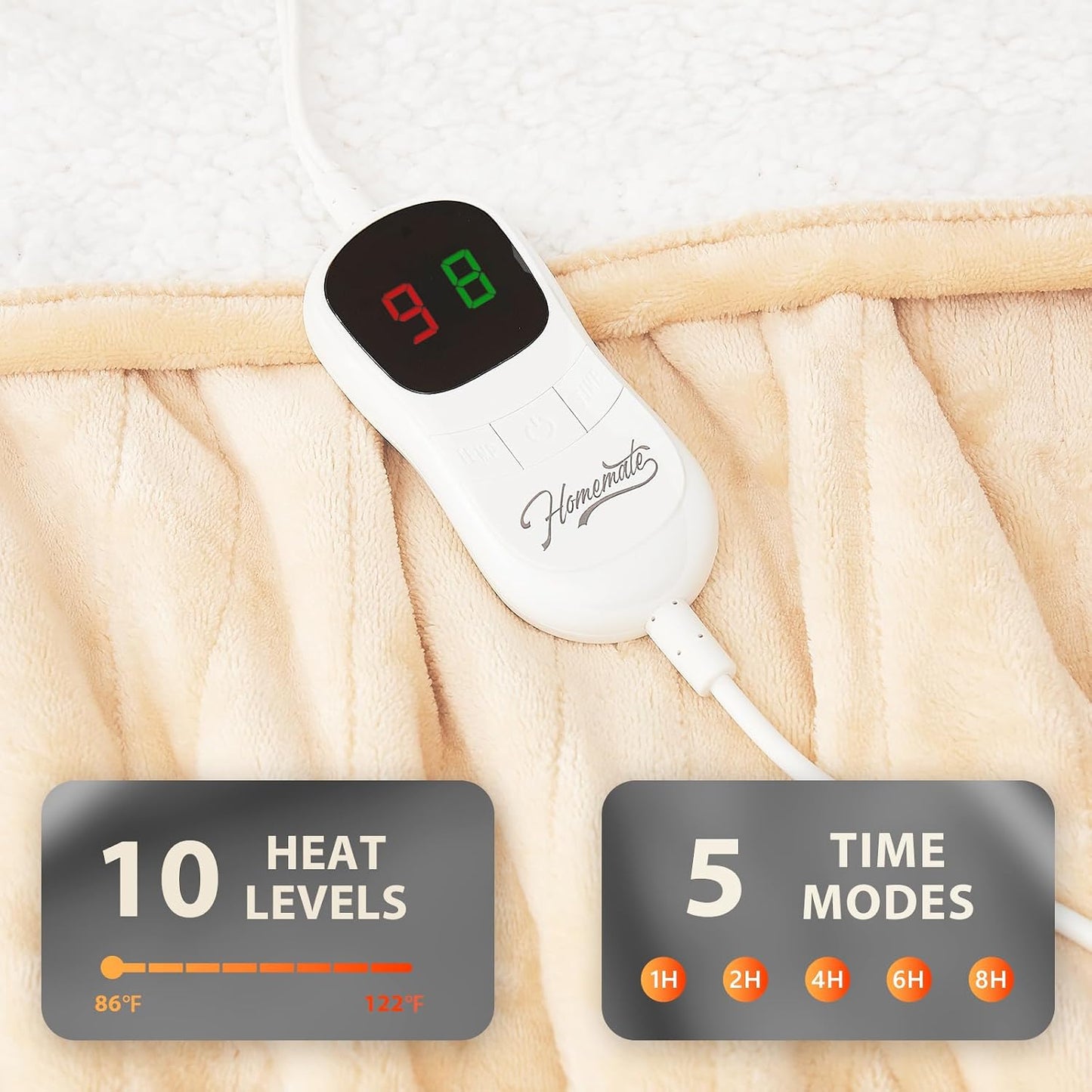 Homemate Electric Heated Blanket Twin - 62"x84" Heating Bed Blankets Throw with 10 Heating Levels 8 Hours Auto Off Fast Heating Over-Heated Protection Ultra Soft Warm Flannel ETL Certified Grey - Colors B