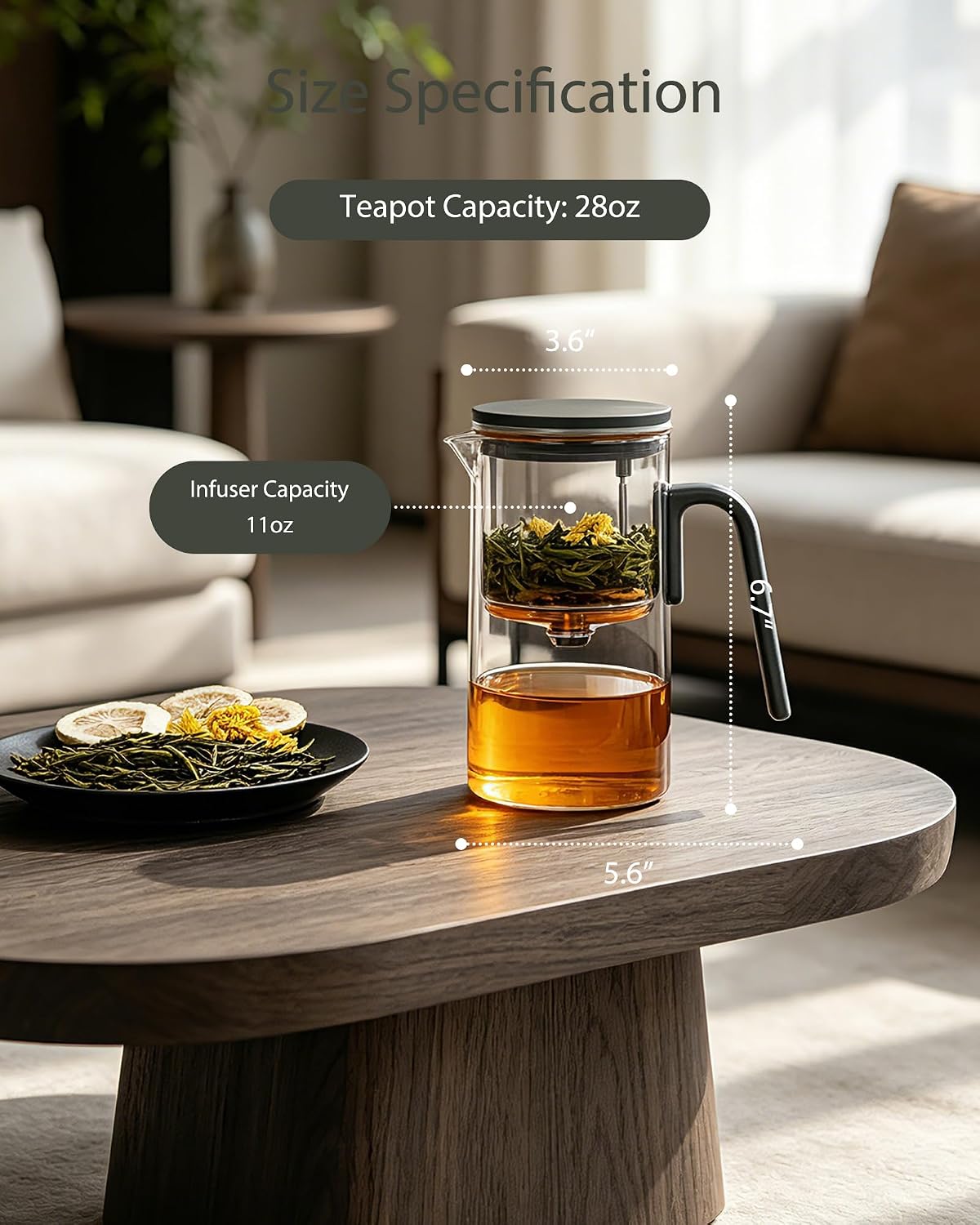ZENS Magnetic Tea Pot, Enchanted Glass Teapot with Infuser and Magnetic Suction Lid for Mess-Free Loose Tea Diffusers, Walnut Wood Handle, Tea Lovers Gifts