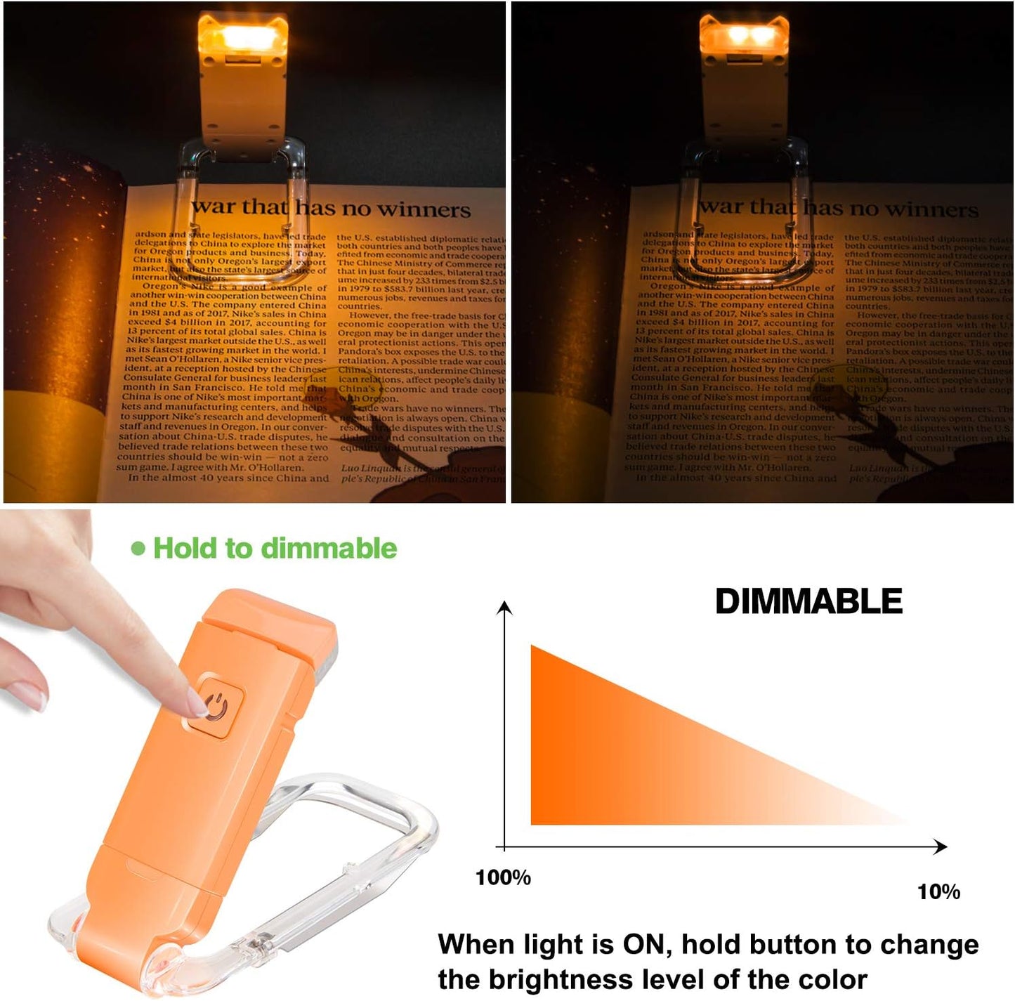 BIGLIGHT Amber Book Reading Light, LED Clip on Book Lights, Reading Lights for Books in Bed, Small Book Light for Kids, USB Rechargeable, 2 Brightness Adjustable for Eye Protection, Orange