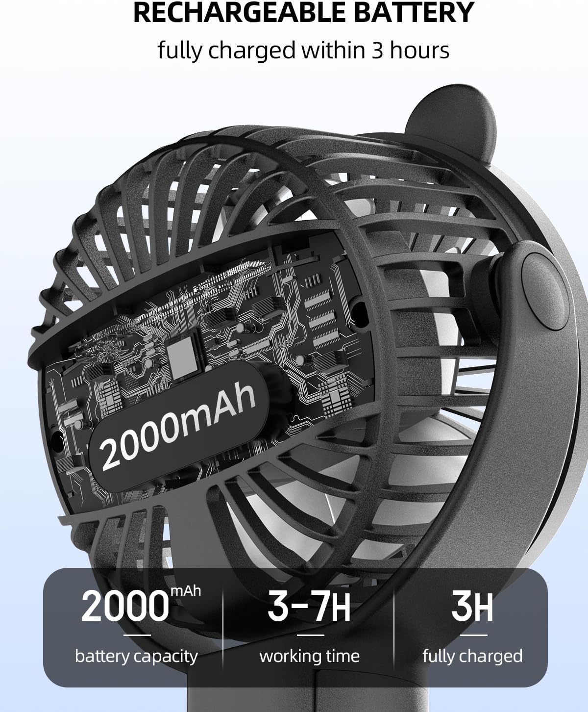 Portable Stroller Mini Fan, Small Rechargeable Personal Fan, Baby Travel Essentials for Wagon, Car Seat, Treadmill, Battery Powered Biking Gear Accessories, 360° Rotation, 3-Speed, Display, Black