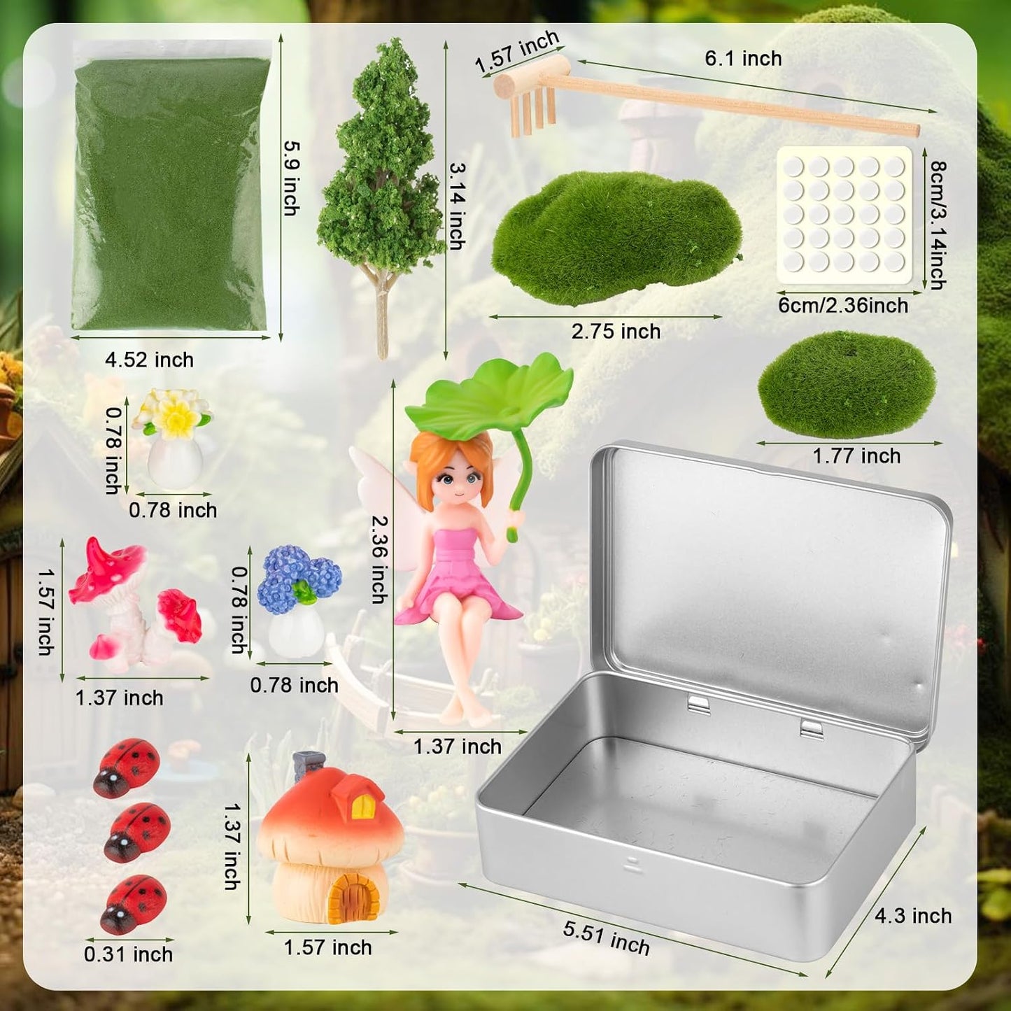 Zen Garden Kit for Desk Decor, Mini Zen Sand Garden with Tina & 1 Rake, Green Sand & 11 Accessories, Japanese Gifts for Meditation Room Office Home (Fairy Style)