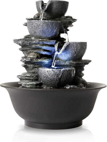 WICHEMI Indoor Fountain Tabletop Fountain Waterfall Fountains Stacked Rocks | Desktop Fountain With LED Light, Soothing Sound, Stress Relief, Humidifies Air, No Plumbing, Easy Setup, 11.8"X8.7"X5.9"
