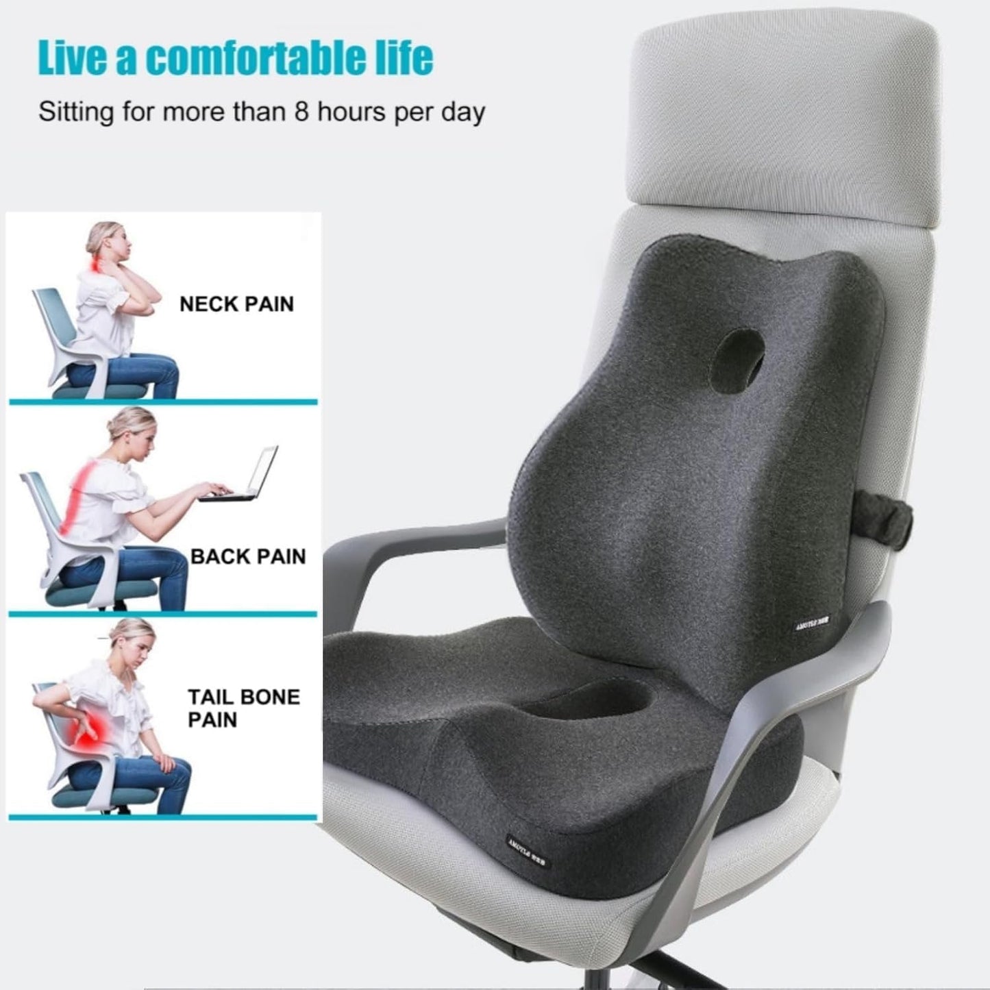 X Large Memory Foam Seat Cushion & Lumbar Support Pillow, Sciatica & Tailbone Pressure Relief Coccyx Cushion for Office Chair, Car, Wheelchair, Home