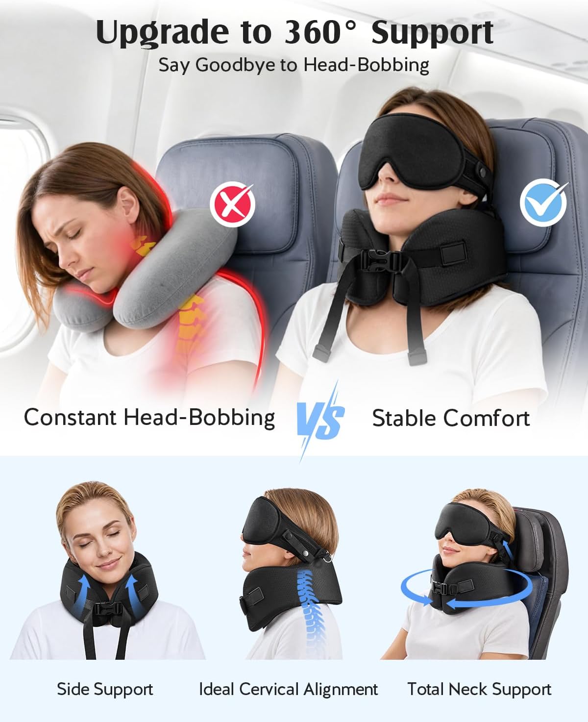 YFONG Travel Pillow for Long Flights, Patented 360° Ergonomic Sleeper Hold Head Support System with Memory Foam Neck Pillow & 3D Sleep Mask, Prevent Head Bobbing for Airplane & Road Trip, Pink