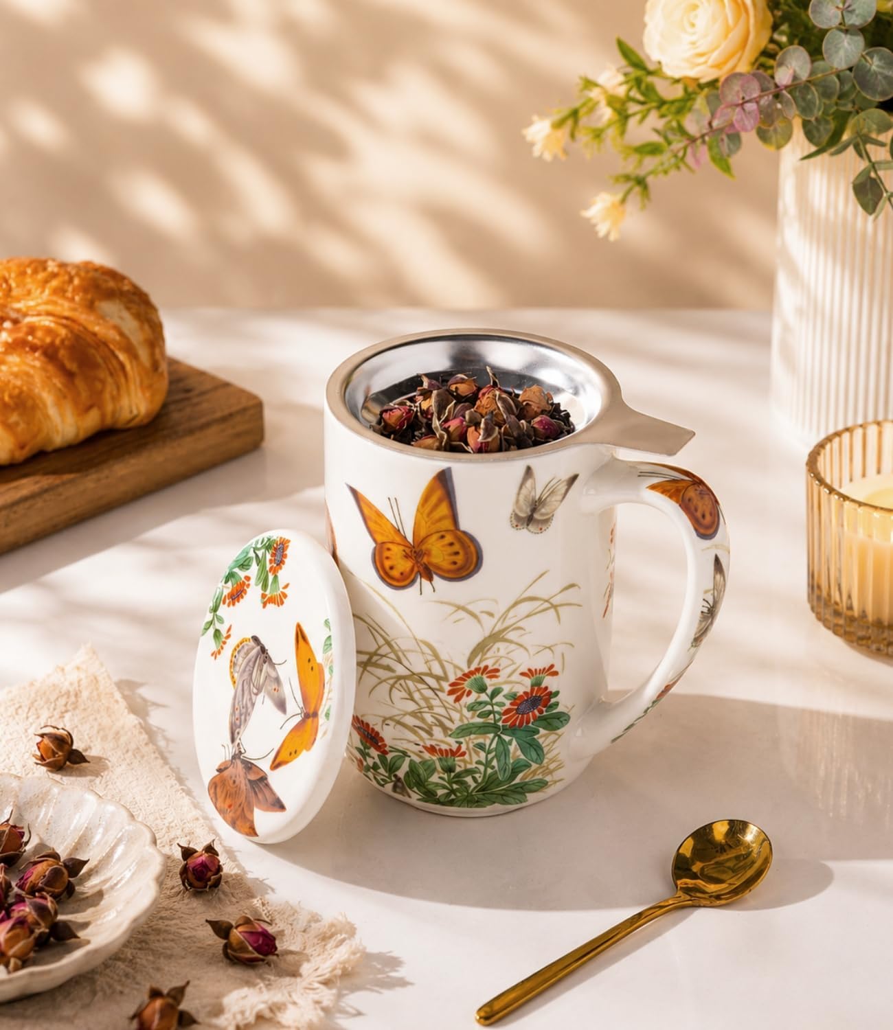 AmorArc Porcelain Tea Mug with Infuser and Lids, 18 Oz Large Cup Strainer with Bag Holder for Loose Leaf Tea, Steeping Coffee Mug for House-warming Wedding Birthday Gift